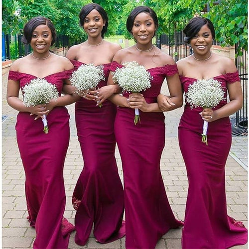 Nigeria Mermaid Country Bridesmaid Dresses Maroon Off Shoulder Floor Length Lace Plus Size Wedding Guest Dress Cheap Junior Gown