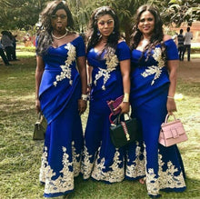 Load image into Gallery viewer, Elegant Nigeria Mermaid Evening Gowns With Short Sleeves V Neck Plus Size African Prom Dresses Appliques Royal Blue Formal Dress