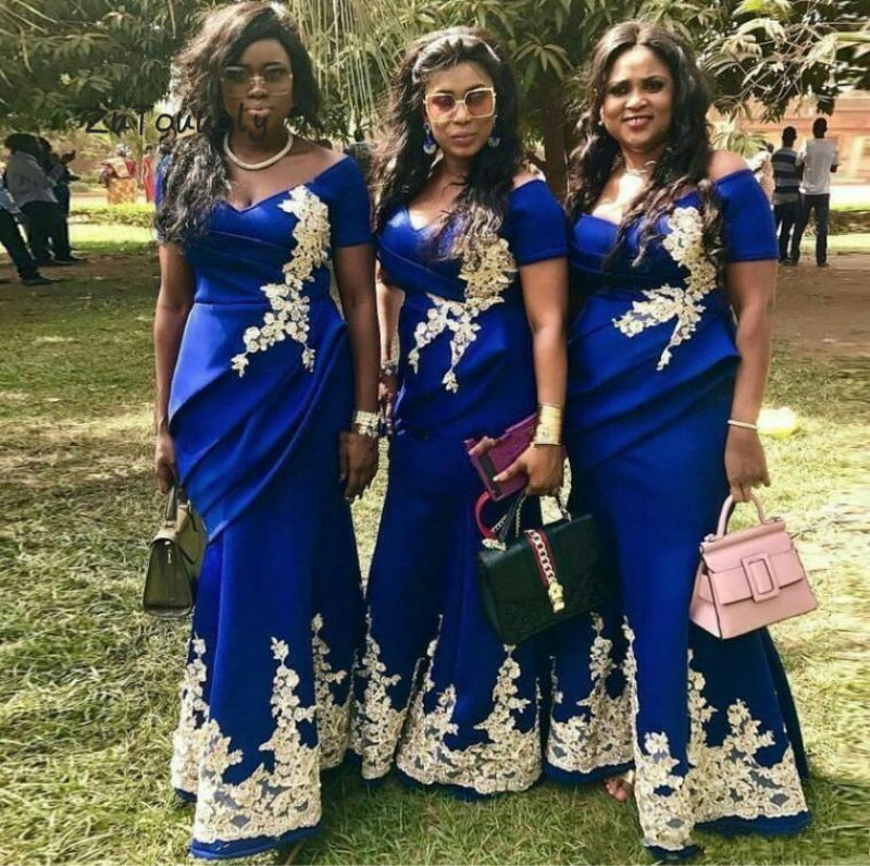 Elegant Nigeria Mermaid Evening Gowns With Short Sleeves V Neck Plus Size African Prom Dresses Appliques Royal Blue Formal Dress