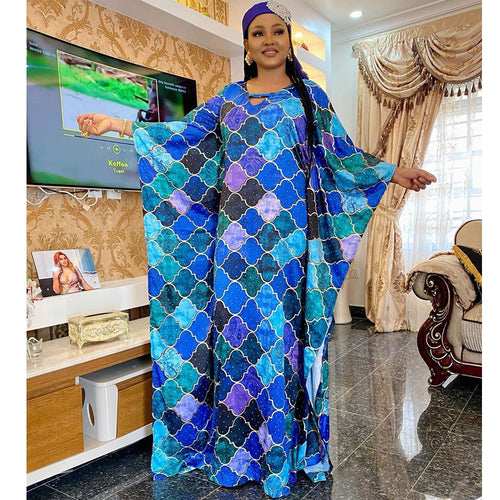 MD African Print Silk Dresses For Women Plus Size Dashiki Long Dress South Africa Lady Elegant Dress Shiny Stones Boubou Abaya