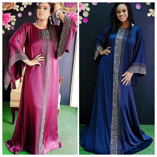 New African Design Dashiki Dress Silk Beading Abaya Diamonds Maxi Bazin Rich Long Sleeve Robe Africaine Femme Sexy Lady Party