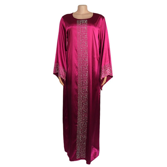 New African Design Dashiki Dress Silk Beading Abaya Diamonds Maxi Bazin Rich Long Sleeve Robe Africaine Femme Sexy Lady Party