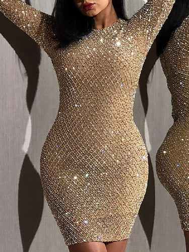 First song Women's Knitted Hot Diamond Sequined Sexy Dress New2019 Summer O-Neck Tight Long Sleeve Elegant Women's Dress XL