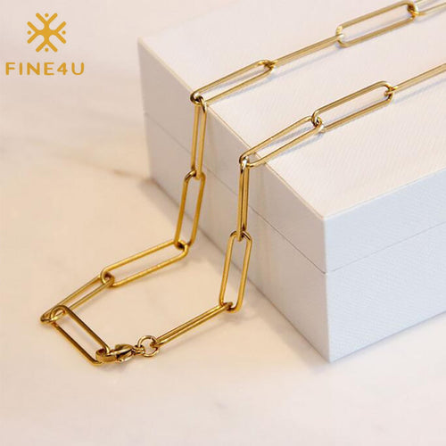 FINE4U N647 Dainty Paperclip Link Chain Necklace for Women Girls Gold Color Choker Necklace Jewelry Gifts