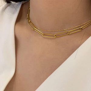 FINE4U N647 Dainty Paperclip Link Chain Necklace for Women Girls Gold Color Choker Necklace Jewelry Gifts