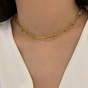 FINE4U N647 Dainty Paperclip Link Chain Necklace for Women Girls Gold Color Choker Necklace Jewelry Gifts