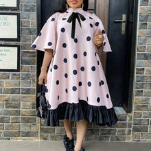 Load image into Gallery viewer, Women Pink Dress Polka Dot with Bowtie Lovely Loose Princess Party Ruffles Patchwork Short Sleeve African Female Cute Vestidos