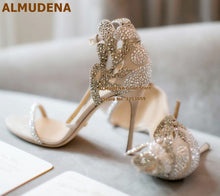 Load image into Gallery viewer, ALMUDENA Champagne Wedding Shoes Rhinestone Stiletto Heels Bridal Sandals Bling Bling Butterfly Shape Floral Crystal Dress Pumps