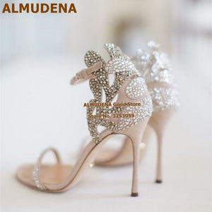 ALMUDENA Champagne Wedding Shoes Rhinestone Stiletto Heels Bridal Sandals Bling Bling Butterfly Shape Floral Crystal Dress Pumps