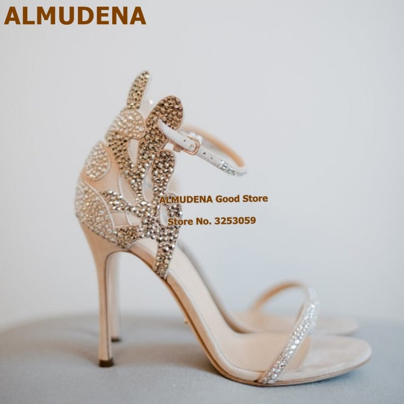 ALMUDENA Champagne Wedding Shoes Rhinestone Stiletto Heels Bridal Sand ...