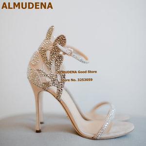 ALMUDENA Champagne Wedding Shoes Rhinestone Stiletto Heels Bridal Sandals Bling Bling Butterfly Shape Floral Crystal Dress Pumps