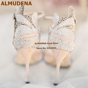 ALMUDENA Champagne Wedding Shoes Rhinestone Stiletto Heels Bridal Sandals Bling Bling Butterfly Shape Floral Crystal Dress Pumps