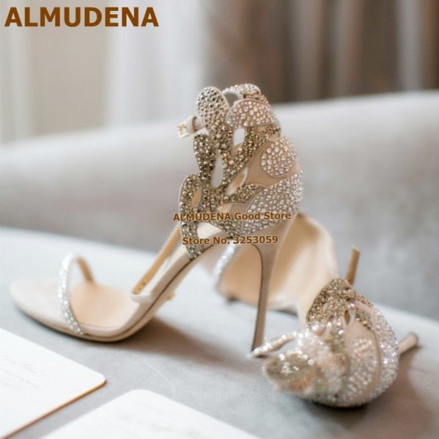 ALMUDENA Champagne Wedding Shoes Rhinestone Stiletto Heels Bridal Sandals Bling Bling Butterfly Shape Floral Crystal Dress Pumps