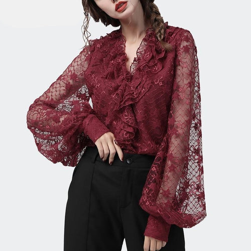 Fashion Women Sexy Hollow Out Lace Blouses Loose Plus Size Lantern Sleeve Ruffles V-Neck Top 2020 New Ladies Summer Casual Tops