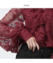 Load image into Gallery viewer, Fashion Women Sexy Hollow Out Lace Blouses Loose Plus Size Lantern Sleeve Ruffles V-Neck Top 2020 New Ladies Summer Casual Tops