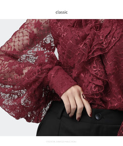 Fashion Women Sexy Hollow Out Lace Blouses Loose Plus Size Lantern Sleeve Ruffles V-Neck Top 2020 New Ladies Summer Casual Tops