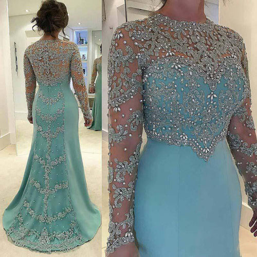 Special Beadings Mother Of The Bride Dresses Appliques Jewel Neck Illusion Long Sleeves A-line Formal Dinner Gowns أم العرو