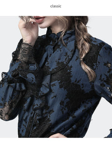 Ladies Blouses Lace Ruffles Tops Stand Collar Flare Long Sleeve Hollow Out Floral Plus Size Elegant Spring Autumn Women Clothing