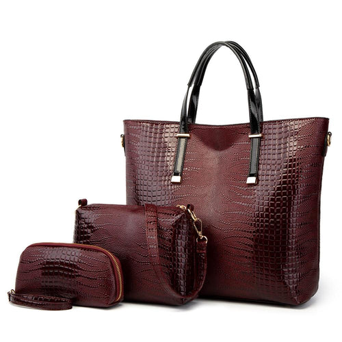 Ceossman New 3PCS Women's Bag Set Fashion Mirror Crocodile Pattern Handbag Solid Color Messenger Bag Shoulder Bag Wallet Bag