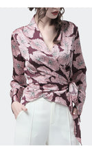 Load image into Gallery viewer, Satin Ladies Blouse Elegant Rich Peony Flowers Printed V-Neck Long Sleeve Top Blouses With Belt Plus Size Autumn Lady Cardigan