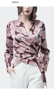 Satin Ladies Blouse Elegant Rich Peony Flowers Printed V-Neck Long Sleeve Top Blouses With Belt Plus Size Autumn Lady Cardigan