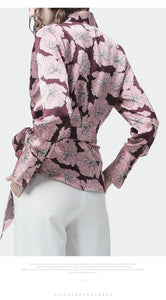 Satin Ladies Blouse Elegant Rich Peony Flowers Printed V-Neck Long Sleeve Top Blouses With Belt Plus Size Autumn Lady Cardigan