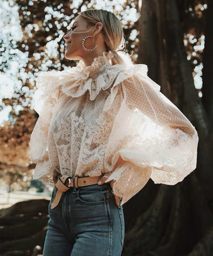 Ladies Elegant Bow Long Lantern Sleeve White Lace Blouses Womens 2020 Autumn Runway Designer Tops