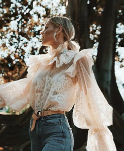 Ladies Elegant Bow Long Lantern Sleeve White Lace Blouses Womens 2020 Autumn Runway Designer Tops