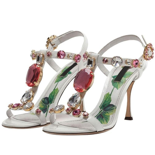 Summer Gladiator Sandal Shoes Gemstone Crystal Decor Thin Heel Ankle Strap Open Toe Party Shoes Celebrity Bridal Wedding Shoes