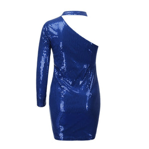 2XL Sexy Skew Collar Backless Sequin Dress Women One-shoulder Long Sleeve Autumn Mini Dress Spring Slim Bright Silk Party Dress