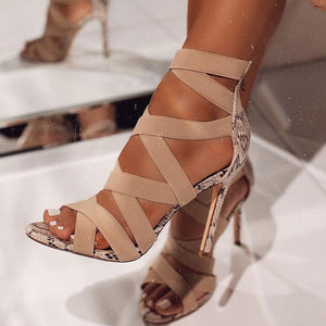 Snake Summer Shoes Woman Pumps High Thin Heels Pointed Toe Rhinestone Gladiator Pumps Party Sexy Shoes Prom Shoes