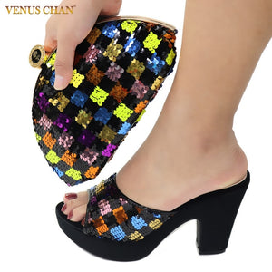 Latest African Matching Shoes and Bag in Black Color High Quality Italian with Shinning Crystal African Lady Shoes and Bag