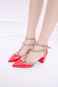 Women's shoes 2020 summer sandals pointed patent leather rivet buckle sandals thick with heel wild thin