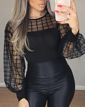 Load image into Gallery viewer, Women Black Blouses Patchwork See Through Long Lantern Sleeves O Neck Tops Female Fashion Summer Elegant Office Ladies Work Wear