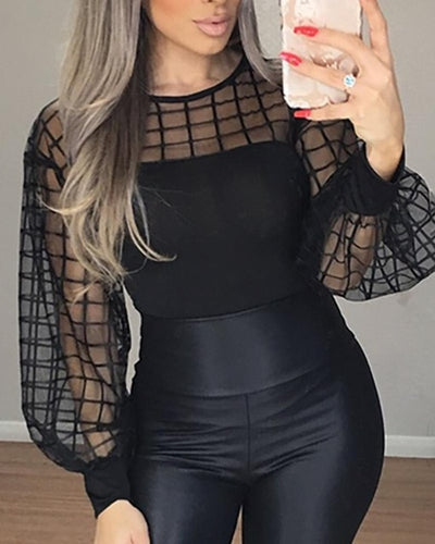 Women Black Blouses Patchwork See Through Long Lantern Sleeves O Neck Tops Female Fashion Summer Elegant Office Ladies Work Wear