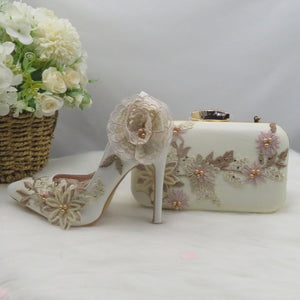 2021 New White Lace Flower wedding shoes with matching bags High heels Pointed Toe Ankle Strap Ladies Party shoe and bag set