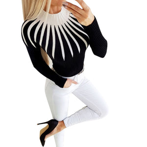 Fashion Bodycon Black White Women Pullover 2020 Autumn Winter Color Matching Knitting Female Turleneck Long Sleeve Sexy Sweater