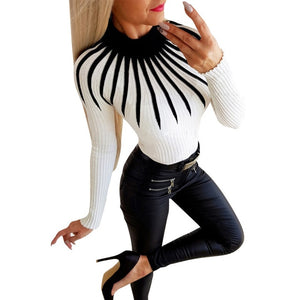 Fashion Bodycon Black White Women Pullover 2020 Autumn Winter Color Matching Knitting Female Turleneck Long Sleeve Sexy Sweater