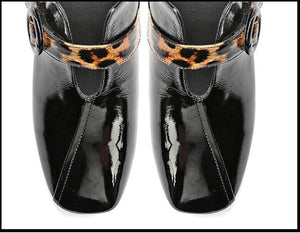 2020 Fall Single Shoes Woman High Heels Women Pumps Square toe Leopard Pattern Buckle Thick Heel British Female Patent Leather
