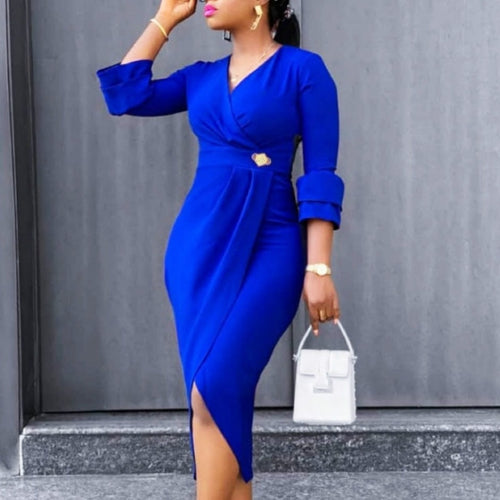 Women Dresses Three Quater Sleeves High Waist V Neck Elegant Office Ladies Work Wear Modest Slim Classy African Female Vestidos