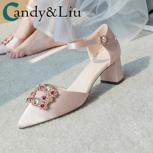 Wedding Shoes Women 2020 New Chunky Heel Strap Bridal Shoes Summer High Heel Rhinestone Wedding Square Buckle Bridesmaid Shoes