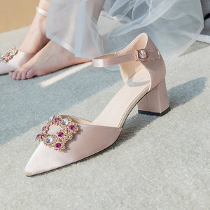 Wedding Shoes Women 2020 New Chunky Heel Strap Bridal Shoes Summer High Heel Rhinestone Wedding Square Buckle Bridesmaid Shoes