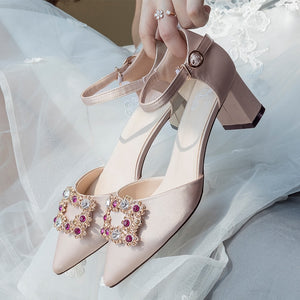 Wedding Shoes Women 2020 New Chunky Heel Strap Bridal Shoes Summer High Heel Rhinestone Wedding Square Buckle Bridesmaid Shoes