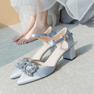 Wedding Shoes Women 2020 New Chunky Heel Strap Bridal Shoes Summer High Heel Rhinestone Wedding Square Buckle Bridesmaid Shoes