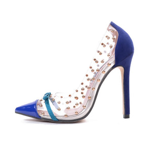2020 New Sexy Women Pointed Toe Pumps Transparent Rivet Thin High Heel Lady Shoes Female Butterfly Bow Pumps For Work Big Size41