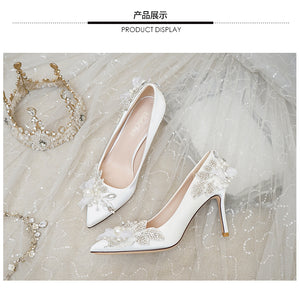 Wedding Shoes Women's 2020 New Main Yarn Bridal Shoes Pearl White High Heels Women's Thin Heeled All-match Crystal Shoes