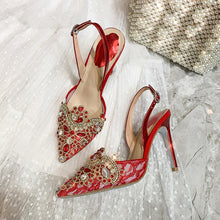 Load image into Gallery viewer, Red Gold Stylish woman shoes Luxury Chic Glitter crystal 10cm Stiletto High Heels Sexy Lace Celebrity Party Wedding Bridal Shoes