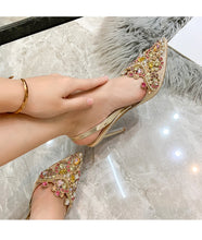 Load image into Gallery viewer, Red Gold Stylish woman shoes Luxury Chic Glitter crystal 10cm Stiletto High Heels Sexy Lace Celebrity Party Wedding Bridal Shoes