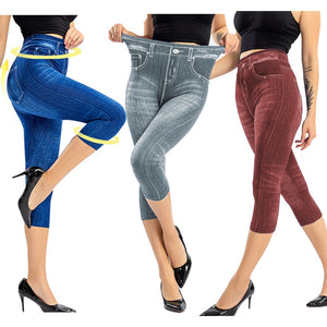 Women's Summer Breeches Denim Print Leggings Fashion Slim Faux Jeans Leggings Women Stretch Printed Blue Women's Breeches