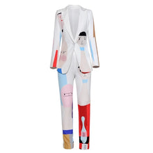 Load image into Gallery viewer, New Designer High Quality Runway White Two-piece Suit One Button Jacket Blazers Feet Pants Abstract Art Dyeing Suit Women 2020